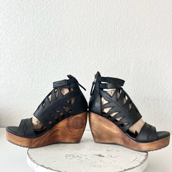 Lane Boots BECCA Womens Black Wedges 7.5 Western Sandals Cowgirl Leather Heels - Picture 7 of 11